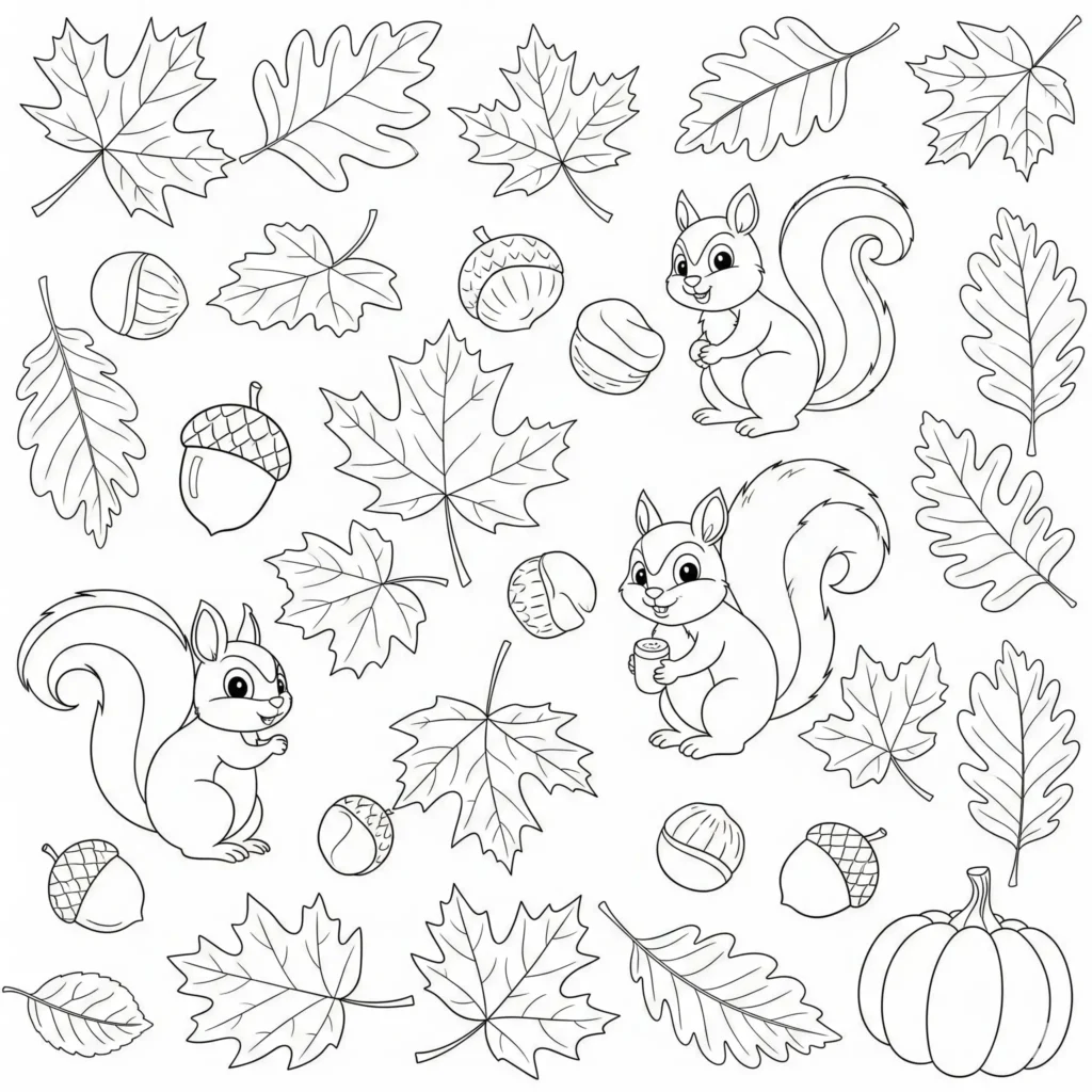 20+ Herbst Ausmalbilder (Kostenlos Malvorlage zum Ausdrucken) Eine Sammlung bunter Herbstmotive wie Blätter, Kürbisse, Eicheln und Pilze. Kinder können alle Elemente farbenfroh ausmalen und die Herbststimmung genießen.