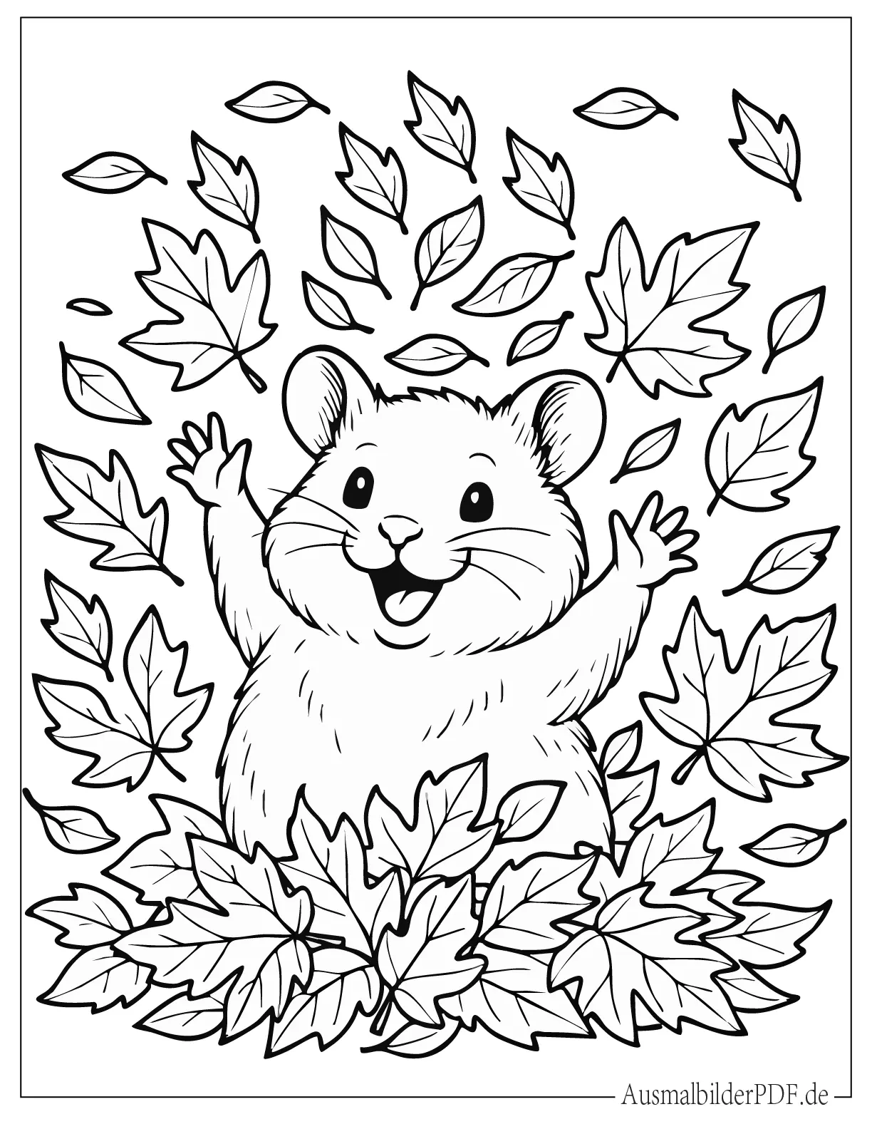 Verspielter Hamster spielt mit Herbstblättern Ausmalbild zum Ausdrucken