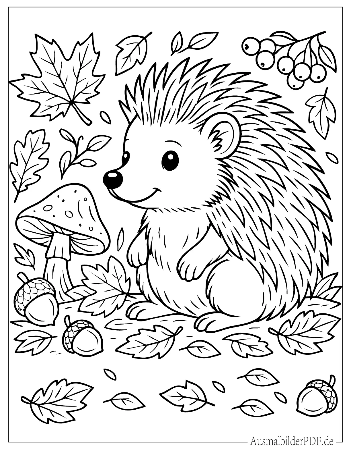 26 Ausmalbilder Igel (Kostenlose Druckvorlagen zum Download) Malvorlage von Igel im Herbst mit Blättern und Eicheln