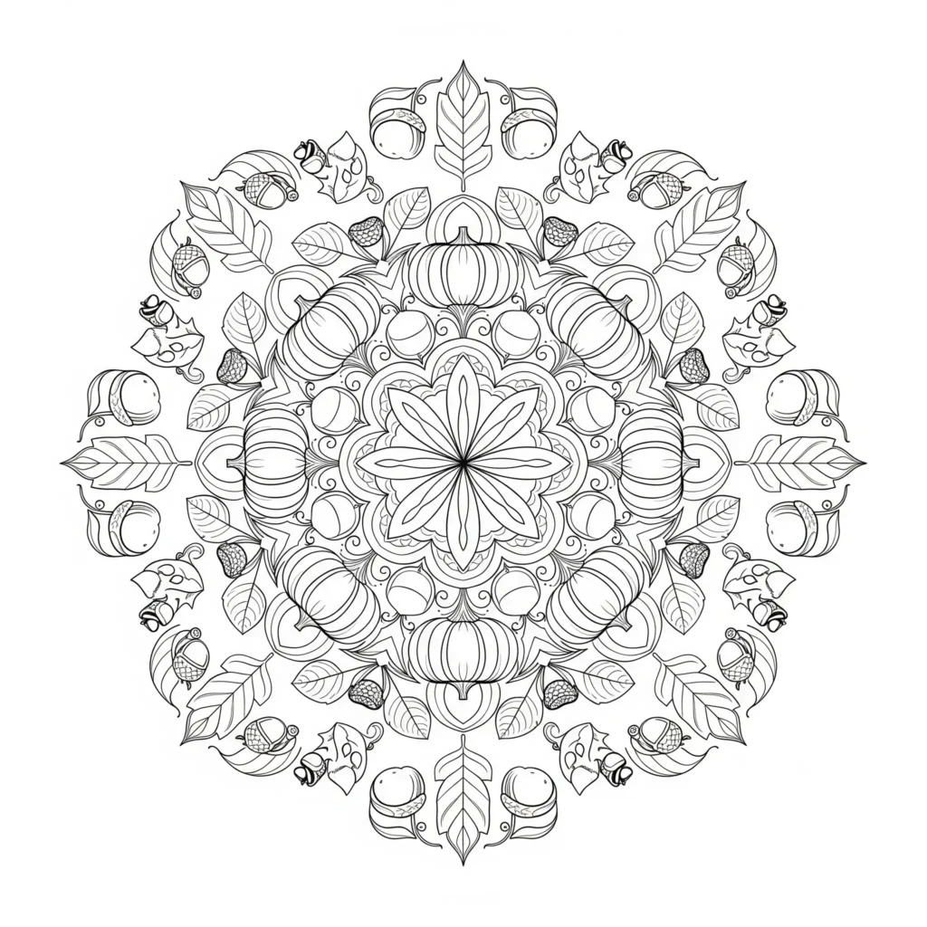 20+ Herbst Ausmalbilder (Kostenlos Malvorlage zum Ausdrucken) Ein detailliertes Mandala aus herbstlichen Elementen wie Blättern, Eicheln und Kürbissen. Kinder und Erwachsene können die Muster farbenfroh gestalten.