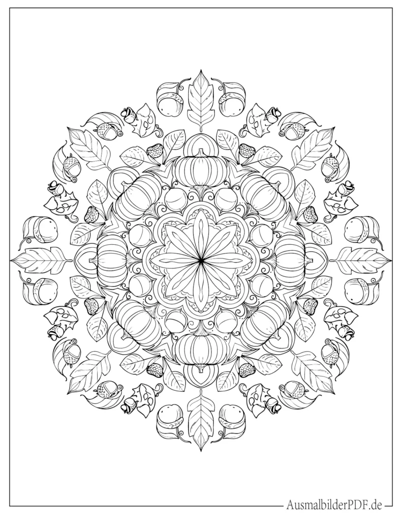 Herbst Mandala mit Blättern, Eicheln und Kürbissen Ausmalvorlage