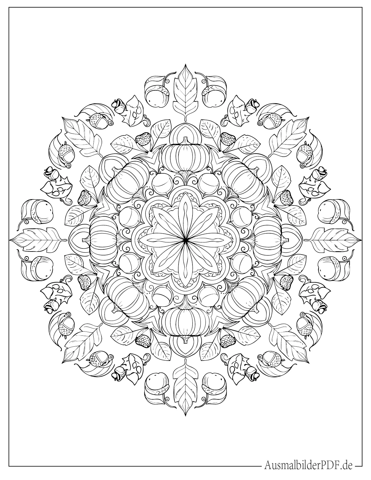 Herbst Mandala mit Blättern, Eicheln und Kürbissen Ausmalvorlage