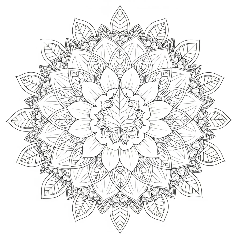 20+ Herbst Ausmalbilder (Kostenlos Malvorlage zum Ausdrucken) Ein detailliertes Mandala aus Blumen, dekoriert mit einem herbstlichen Blatt. Kinder und Erwachsene können die Blüten und Blätter in warmen Herbstfarben ausmalen