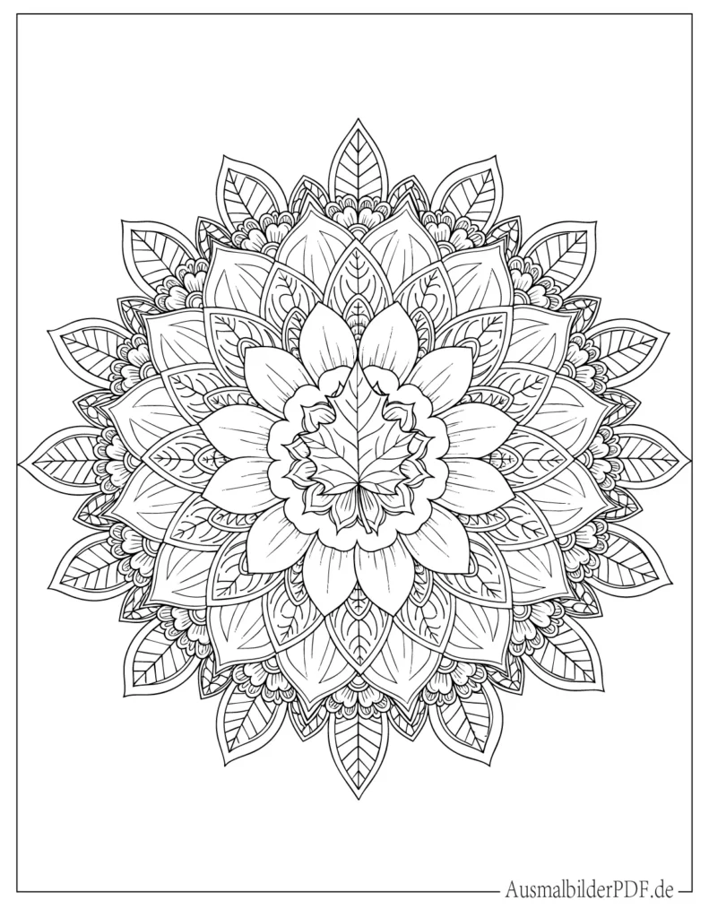 Runde Blumenmandala mit Herbstblatt Ausmalbild