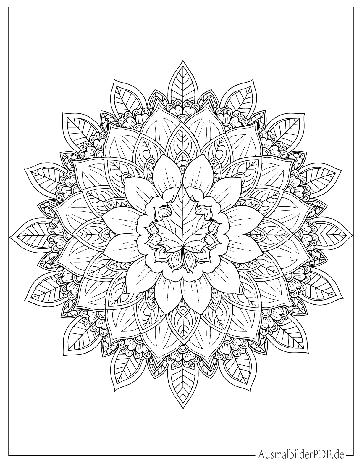 Runde Blumenmandala mit Herbstblatt Ausmalbild