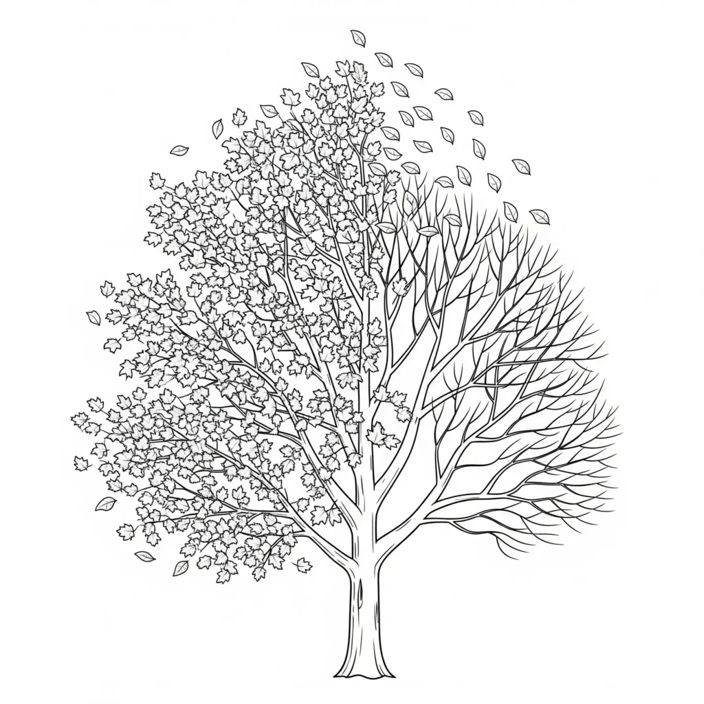 Ein großer Herbstbaum mit kahlen Zweigen, während bunte Blätter langsam zu Boden fallen. Kinder können die Blätter in warmen Farben gestalten und die Szene lebendig machen.