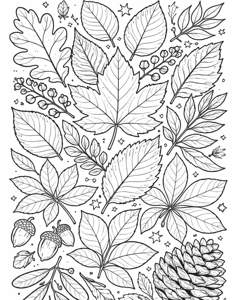 Herbstblätter Ausmalblatt für Kinder mit fallendem Laub, einfache Malvorlage zum kostenlosen Ausdrucken