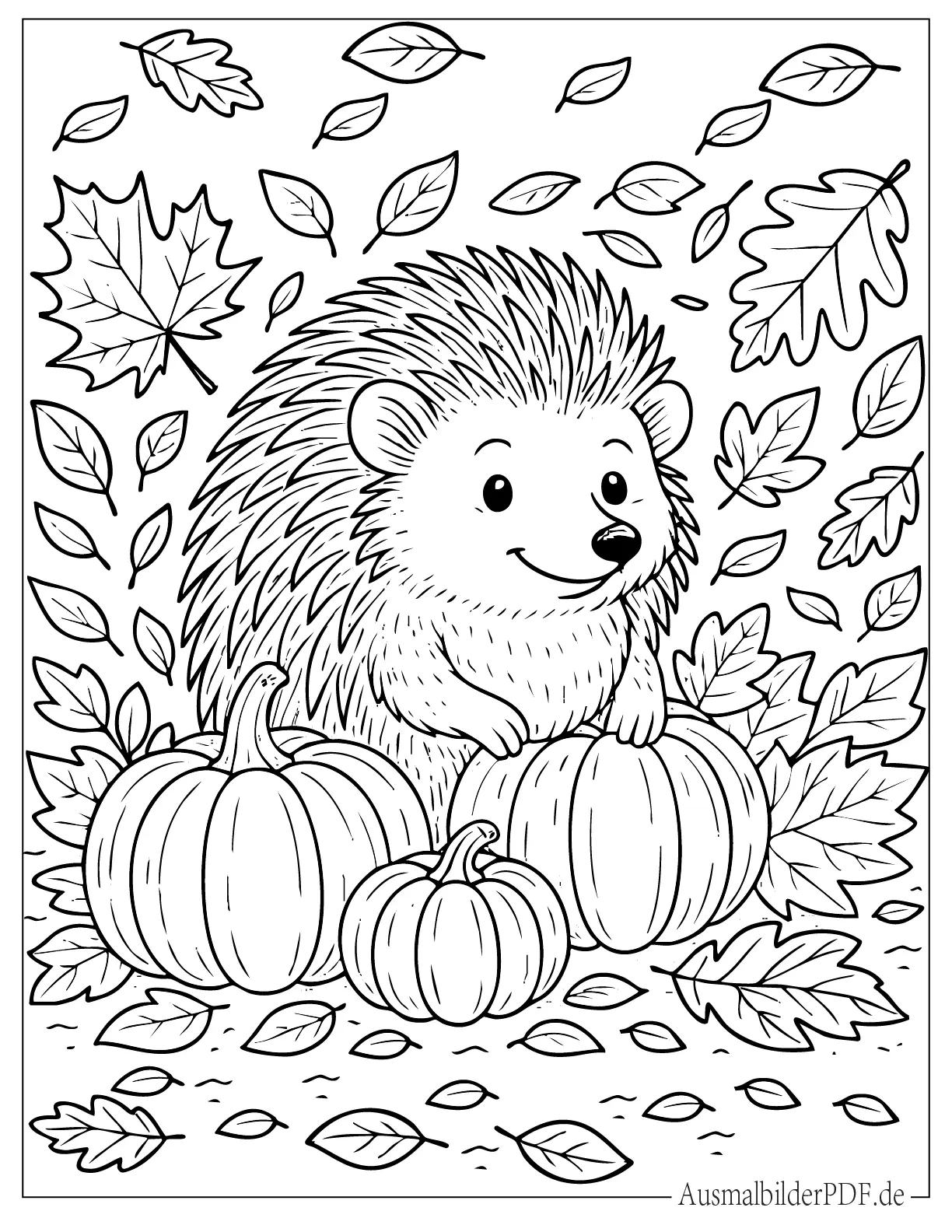 26 Ausmalbilder Igel (Kostenlose Druckvorlagen zum Download) Herbst Igel sitzt zwischen Kürbissen und Herbstblättern zum Ausmalen