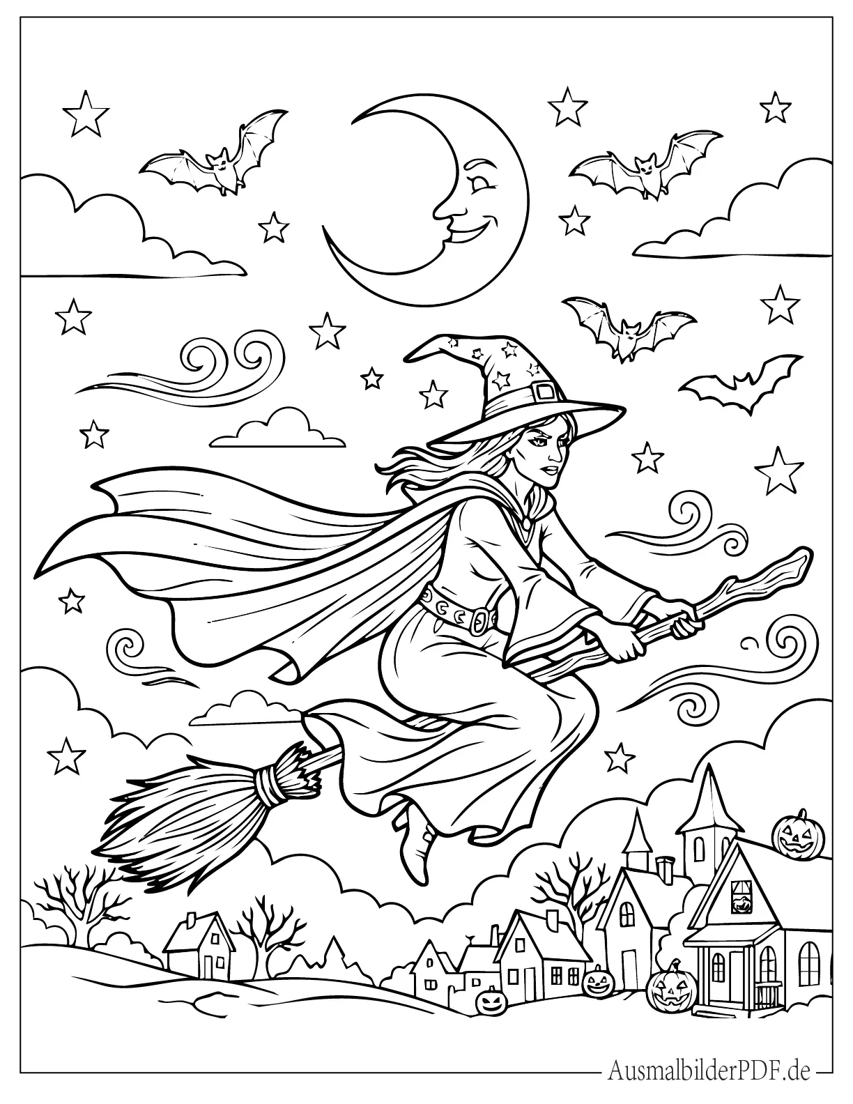 Mächtige Hexe fliegt auf einem Besenstiel an Halloween Malvorlage