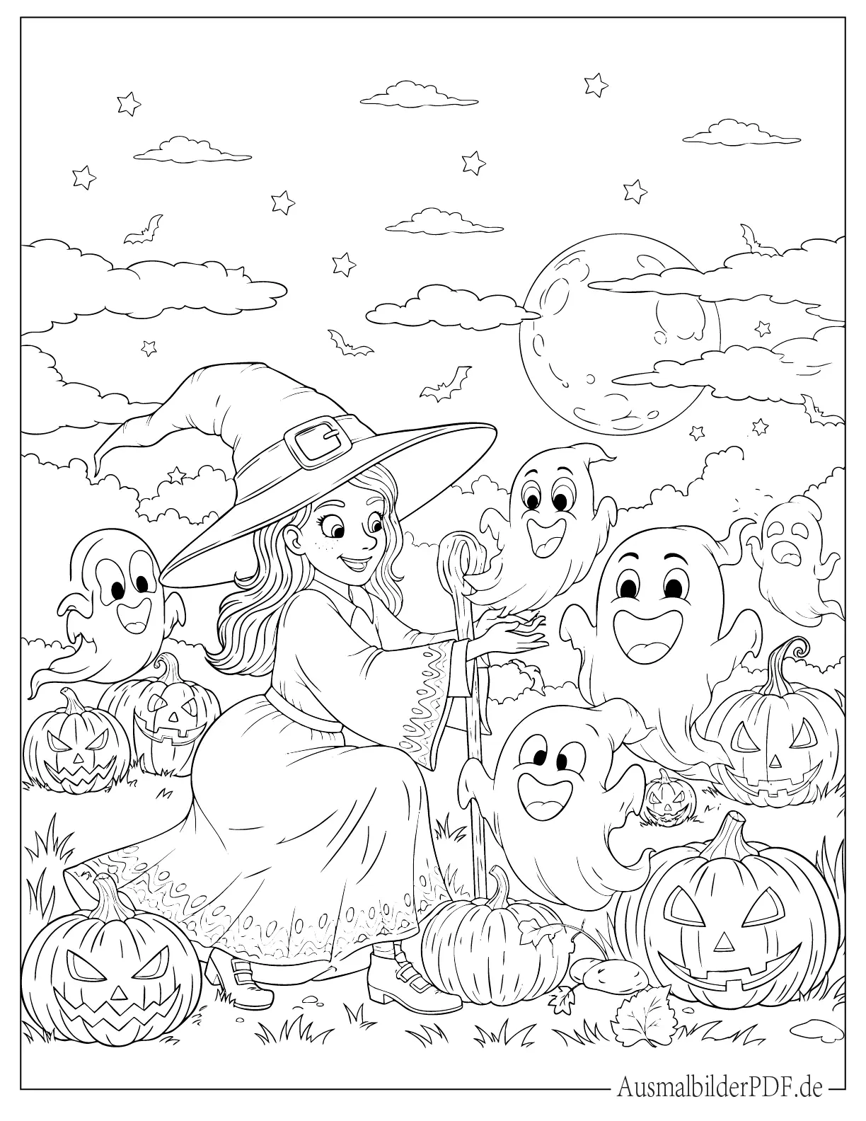 Halloween Hexe mit freundlichen Geistern zum Ausmalen