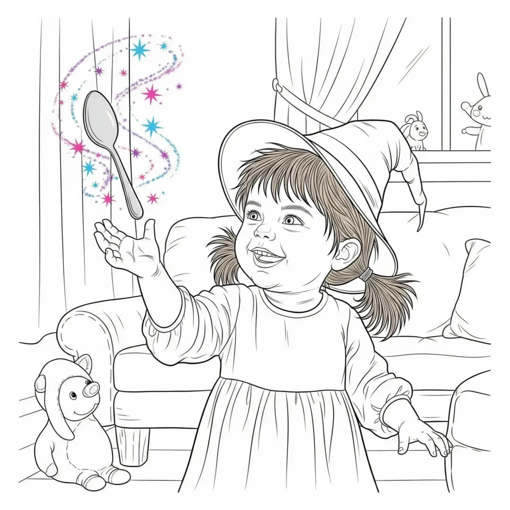 Hexe Ausmalbild mit einer kleinen Baby-Hexe, die ihre ersten Zaubersprüche übt – perfekt als Malvorlage für jüngere Kinder