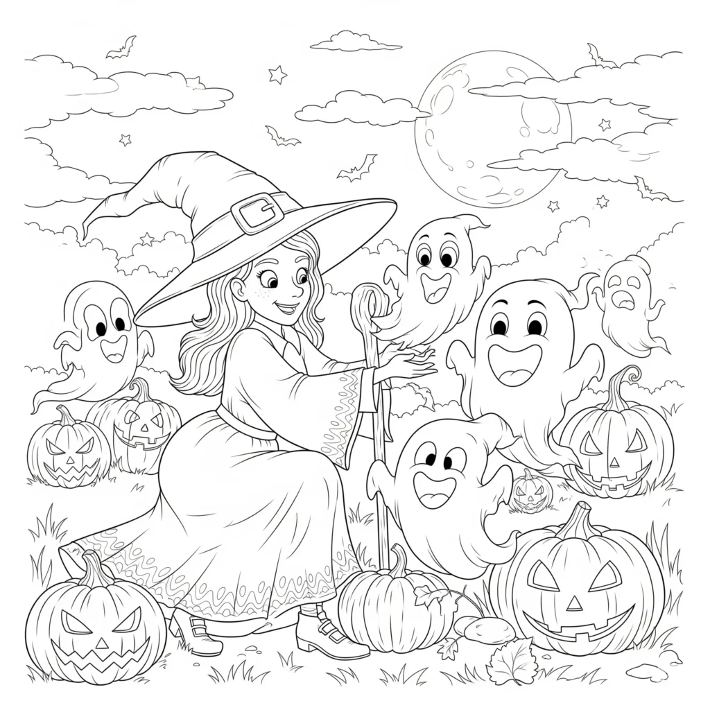 Hexen Ausmalbild zeigt eine fröhliche Hexe, umgeben von lustigen Geistern – ideal zum Ausmalen für Kinder zu Halloween