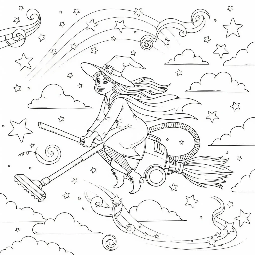 Hexen Ausmalbild mit einer lustigen Hexe, die auf einem Staubsauger fliegt, perfekt als witzige Malvorlage für Kinder