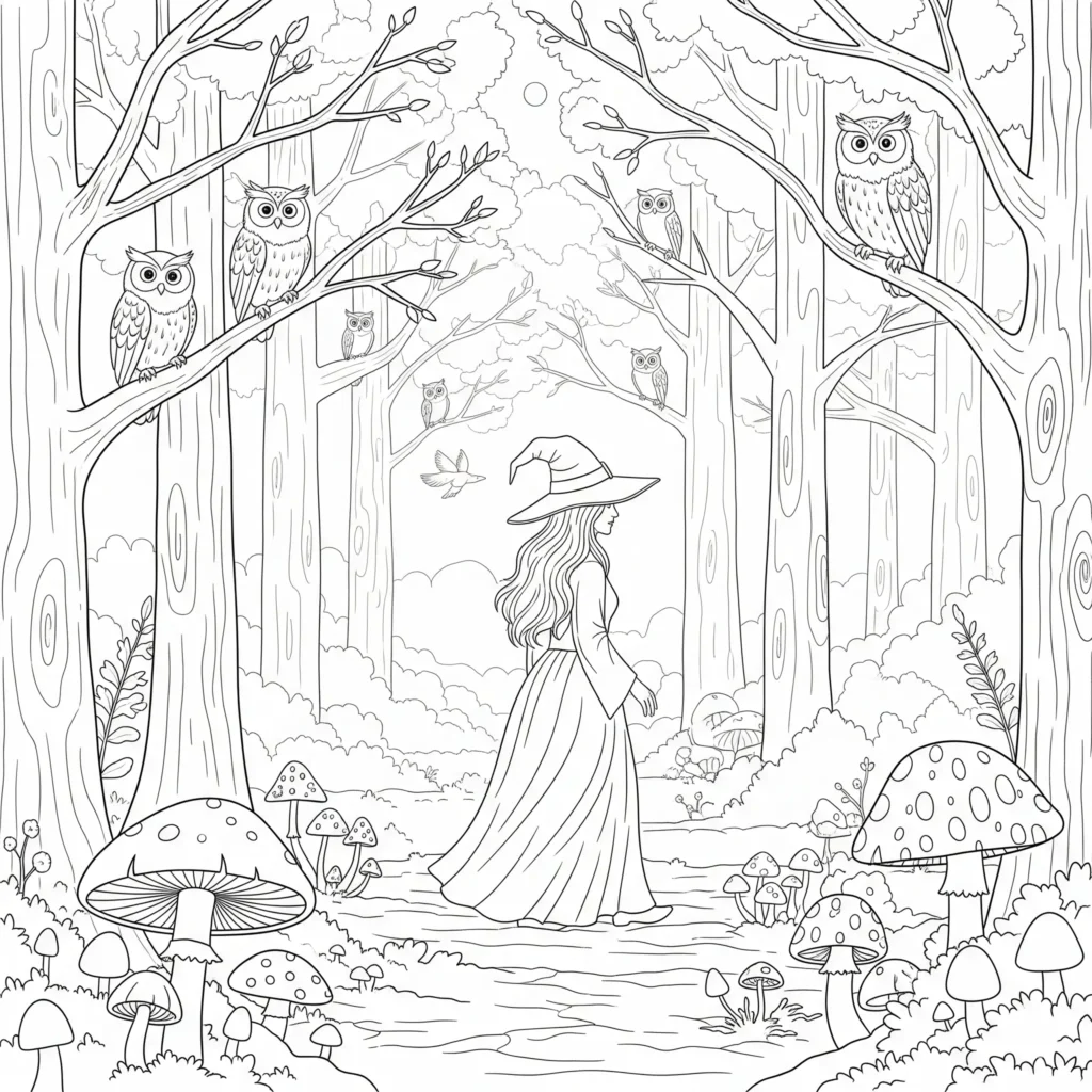 Hexen Ausmalbild mit einer Hexe, die durch einen geisterhaften Wald geht, perfekt zum Ausmalen für Kinder