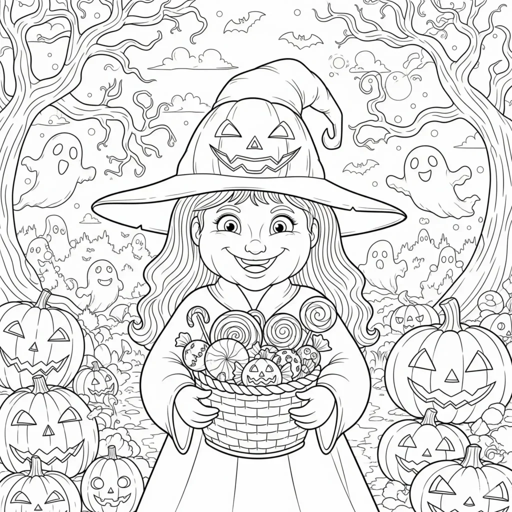 Hexen Ausmalbild zeigt eine Halloween-Hexe mit einem lustigen Kürbishut, ideal für Kinder zum Ausmalen in der Herbstzeit