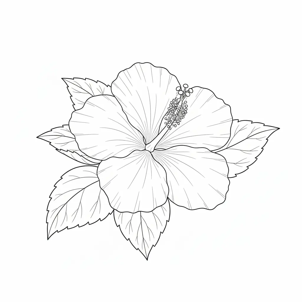 30+ Blumen Ausmalbilder (Gratis Malvorlage zum Ausdrucken) Ausmalbild mit einer Hibiskusblume in voller Blüte als PDF Vorlage zum Ausdrucken für Kinder und Erwachsene