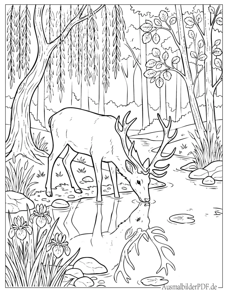 Ausmalbild eines Hirsches, der Wasser aus einem ruhigen Fluss trinkt, inspiriert von Rehen, perfekt für Kinder zum Ausdrucken