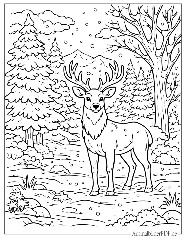 Ausmalbild eines Hirsches im verschneiten Wald für Kinder, perfekt zum Ausdrucken und Ausmalen