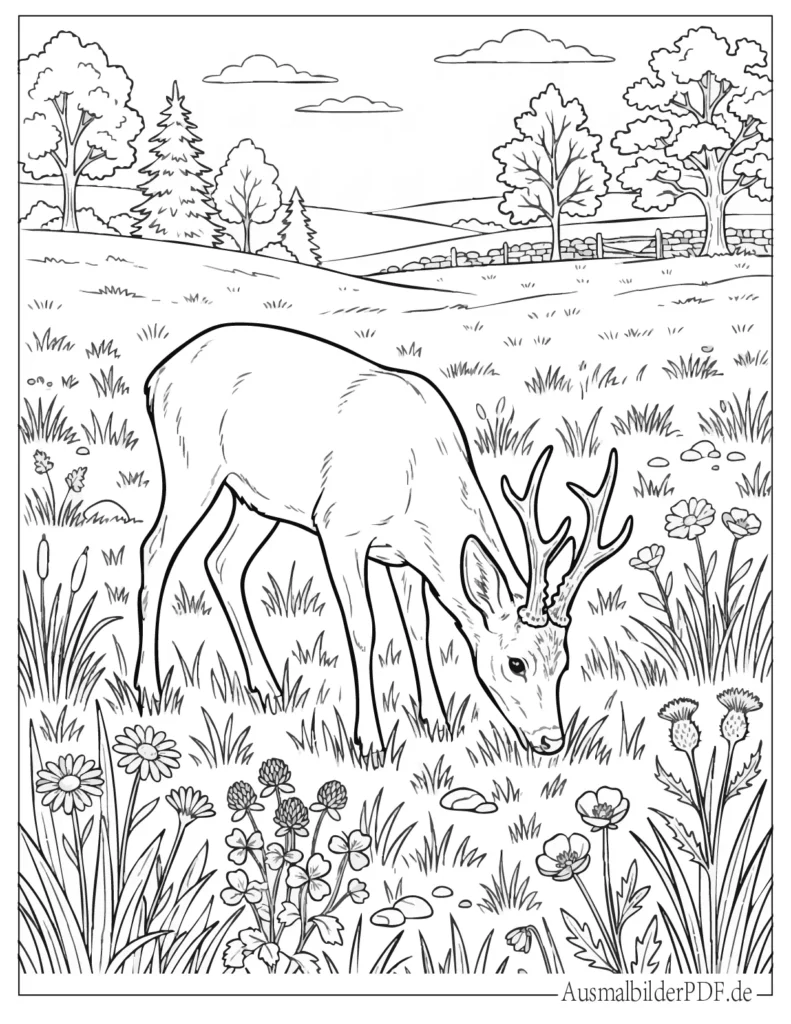 Ausmalbild eines Hirsches, der auf einer grünen Wiese grast, inspiriert von Rehen, ideal für Kinder zum Ausdrucken