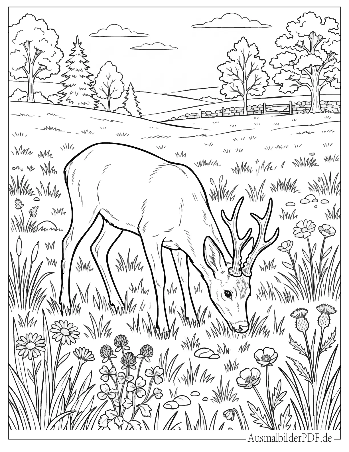 Detailliertes Hirsch im Wiesenfeld Ausmalbild