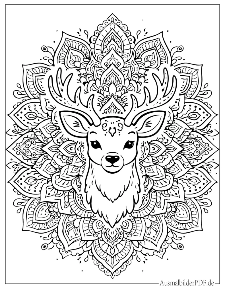 Malvorlage eines detaillierten Hirsch Mandalas, perfekt für Erwachsene zum Ausdrucken und Ausmalen