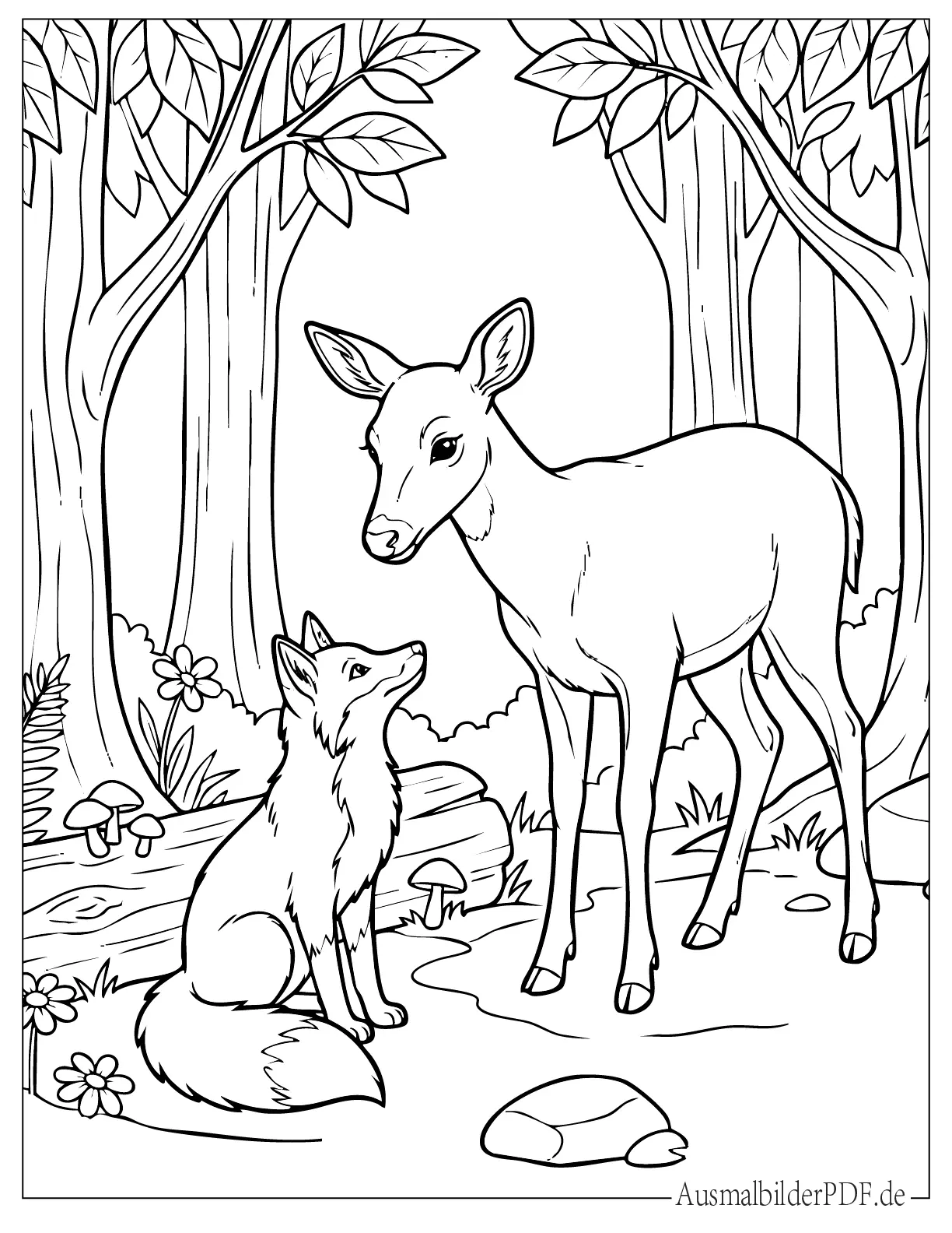 Hirsch und Fuchs im Wald zusammen stehend Malvorlage ideal für Kinder zum Ausdrucken