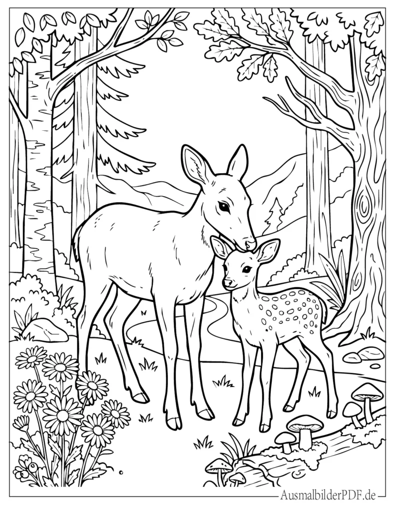 Ausmalbild eines Hirsches, der neben einem kleinen Rehkitz steht, perfekt für Kinder zum Ausdrucken und Ausmalen