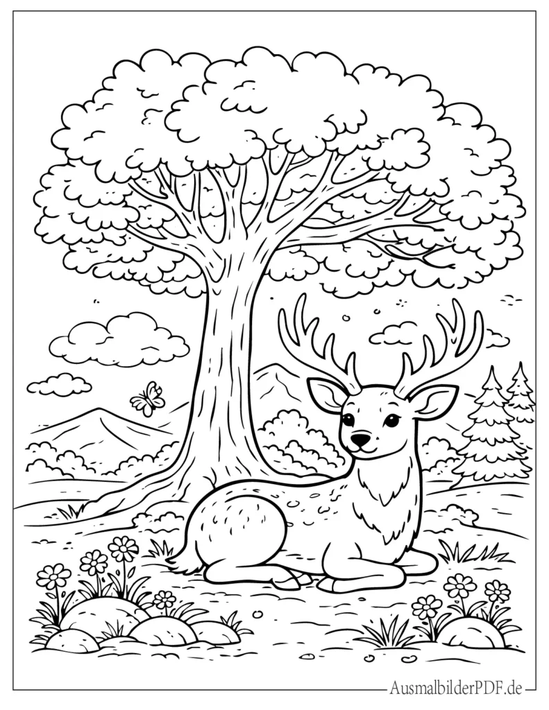 Ausmalbild eines Hirsches, der unter einem großen Baum ruht, inspiriert von Rehen, ideal für Kinder zum Ausdrucken