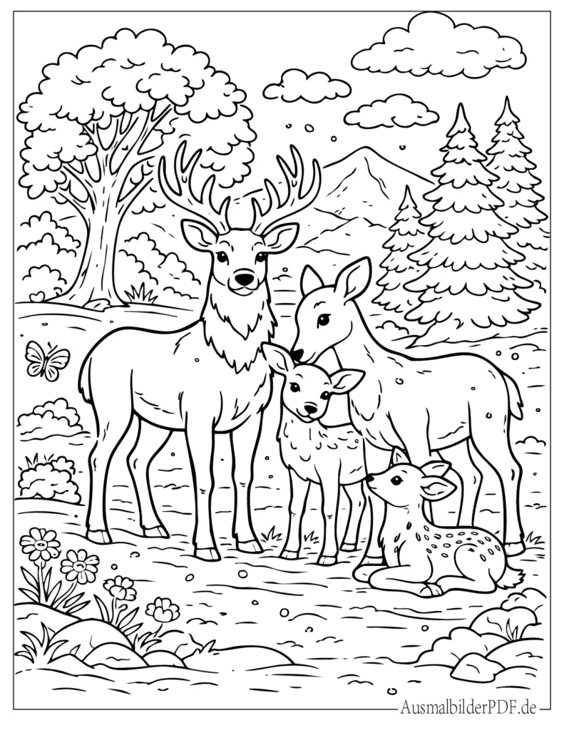 Malvorlage einer Hirschfamilie mit männlichen, weiblichen Hirschen und Reh-Babys, ideal für Kinder zum Ausdrucken