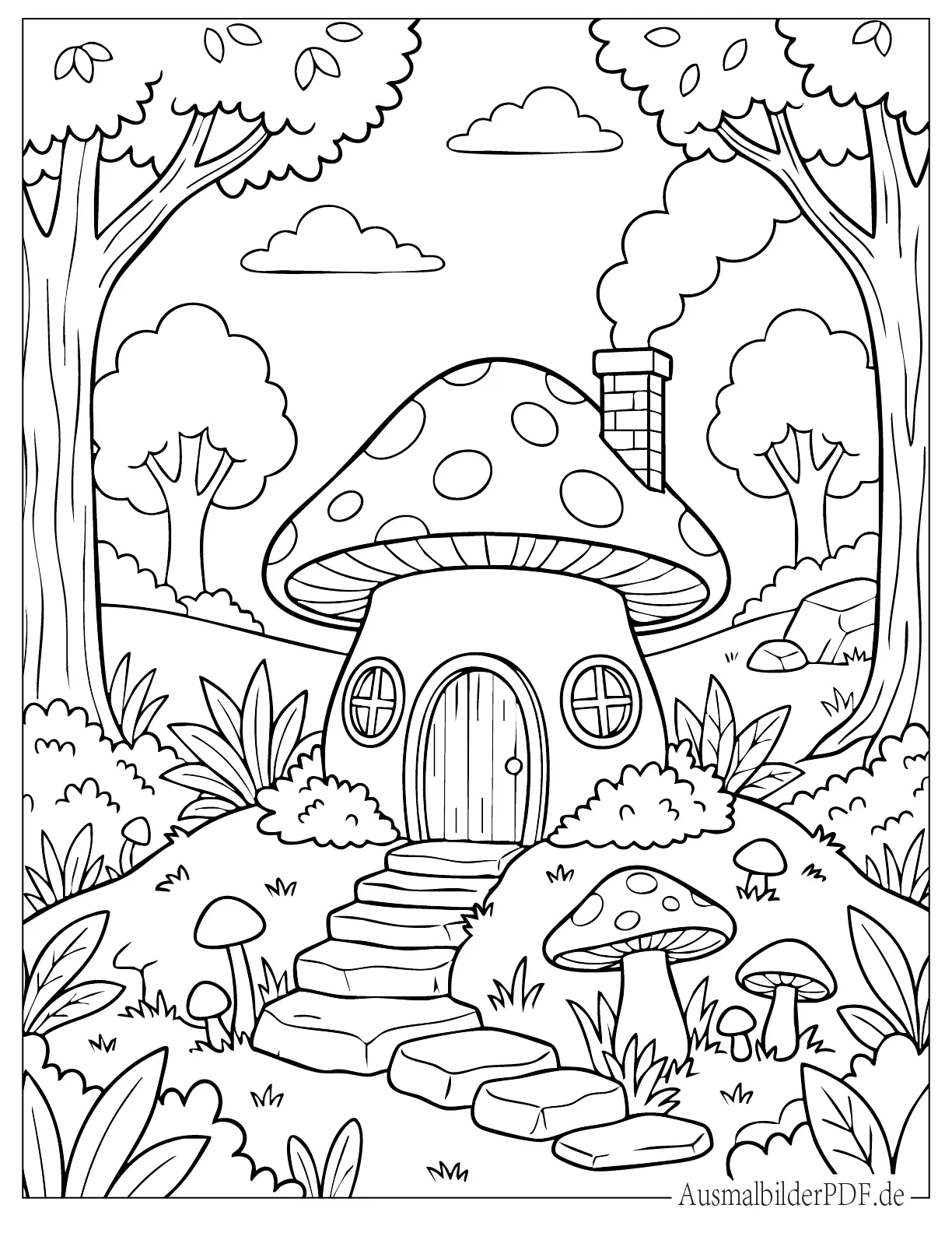 Pilzhaus im Hobbit Stil in einen Waldhügel eingebettet Ausmalbild