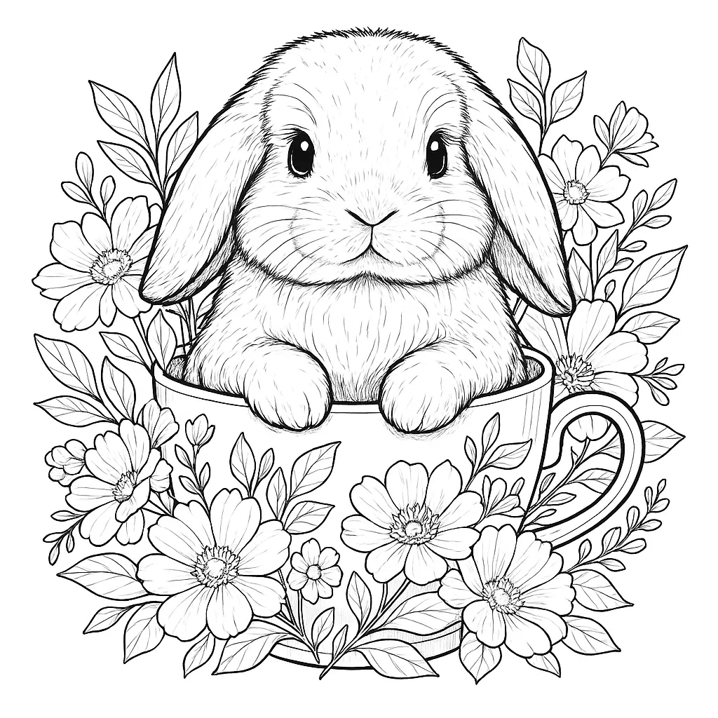 Ausmalbild eines Holland Lop Hasen mit Schlappohren in einer Teetasse, umgeben von Blumen