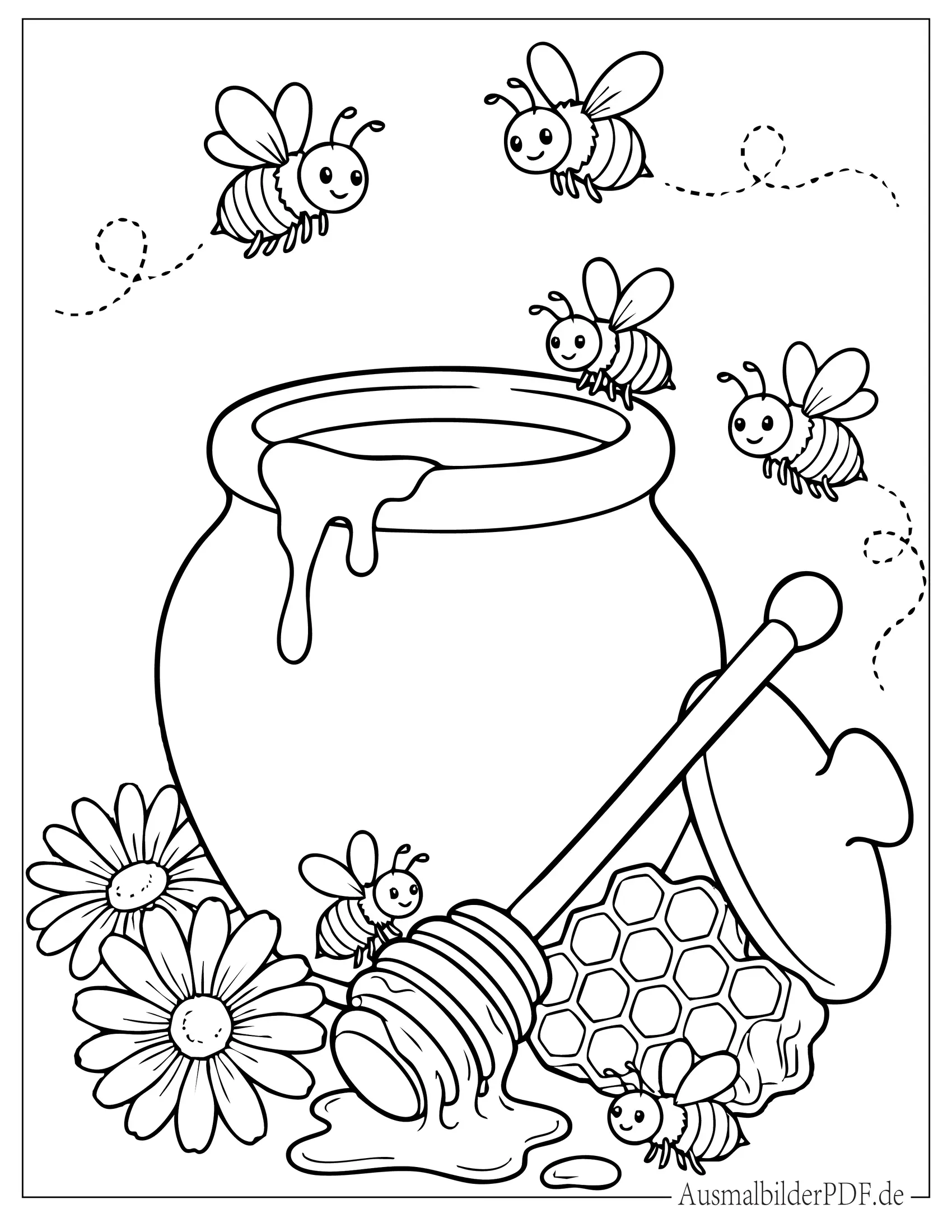 Honigtopf von Bienen mit Honiglöffel Ausmalbild