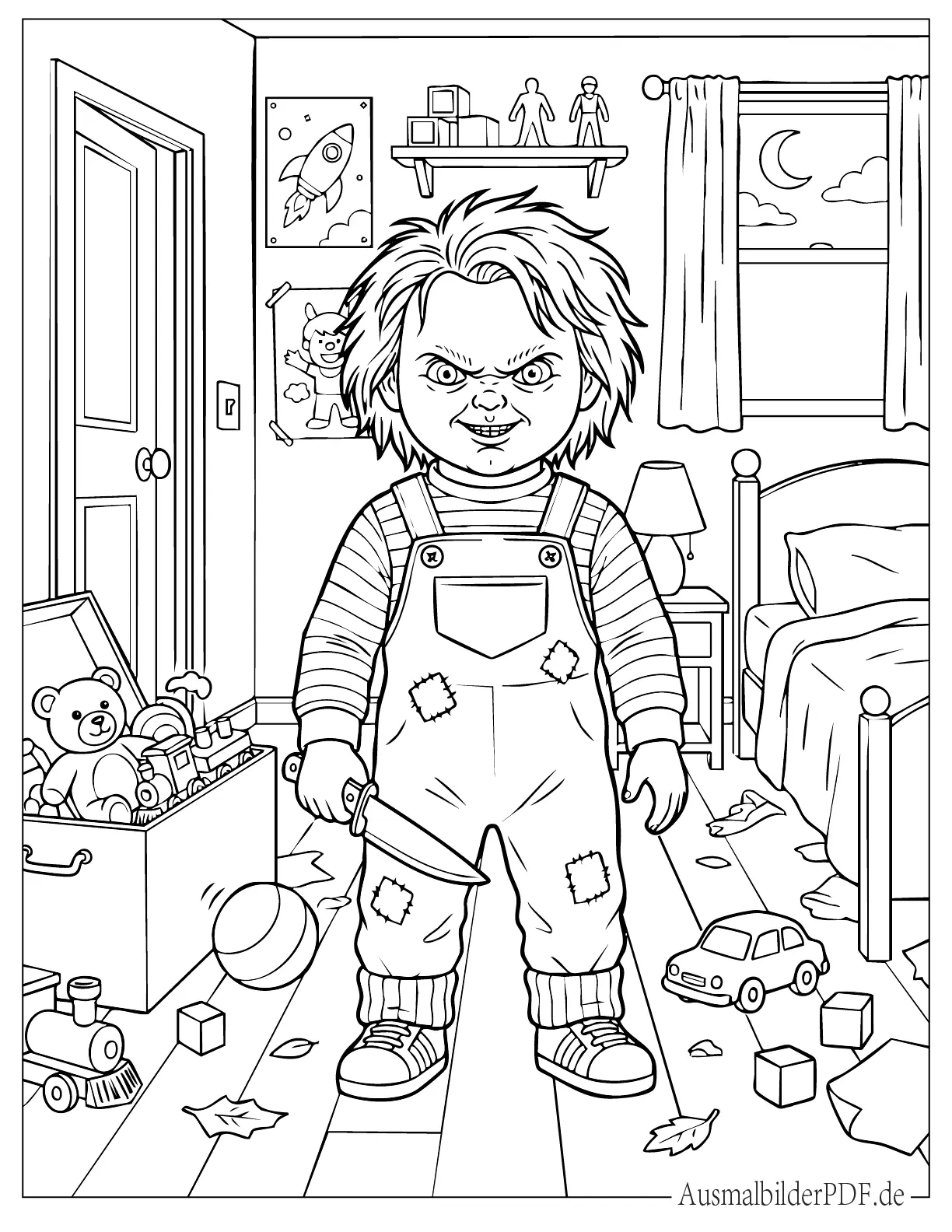 Gruseliger Horror Chucky mit Spielzeug Malvorlage für Kinder