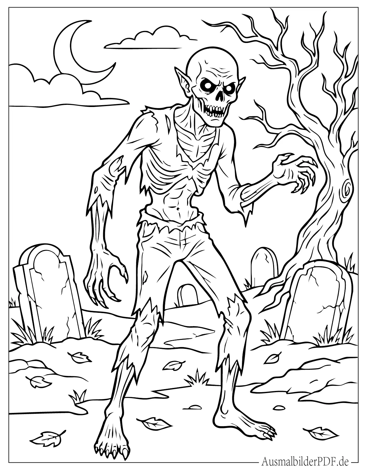 Horror Fleischloser Ghul auf einem Friedhof Ausmalbild