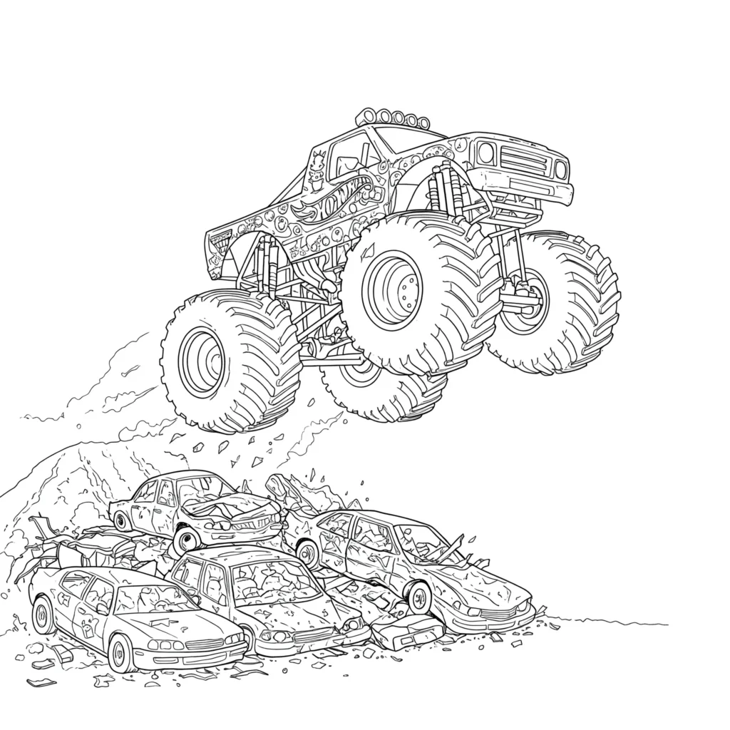 Kostenloses Hot Wheels Monster Truck Ausmalbild als PDF zum Ausdrucken. Zeigt einen Monster Truck, der über zerdrückte Autos springt.