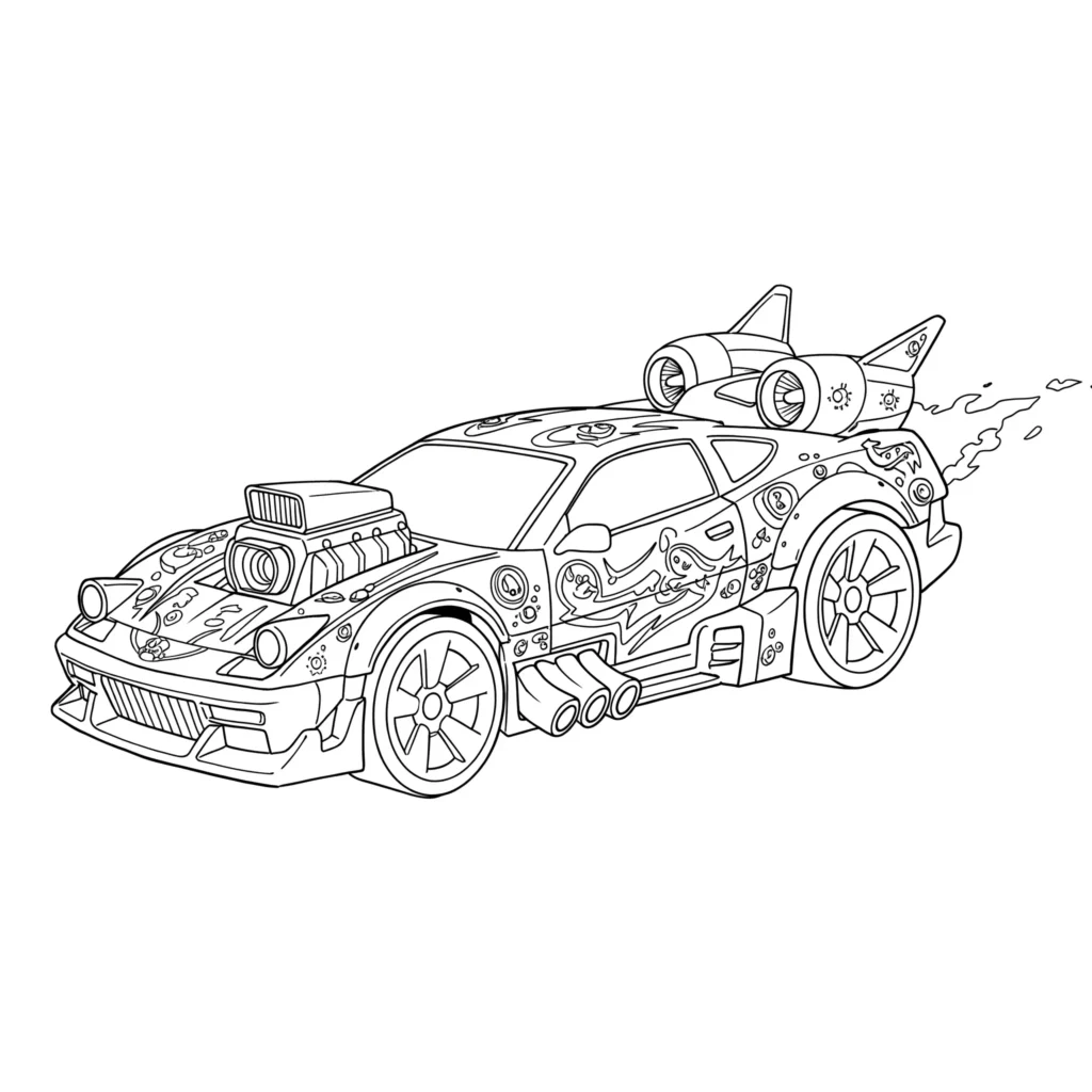 Kostenloses Hot Wheels Fantasy Auto Ausmalbild als PDF. Ideal für Kinder, die schnelle Fantasie-Fahrzeuge ausmalen möchten.