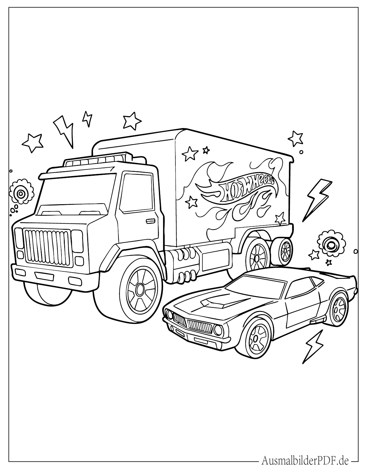 Hot Wheels LKW und Auto Malvorlage für Kinder