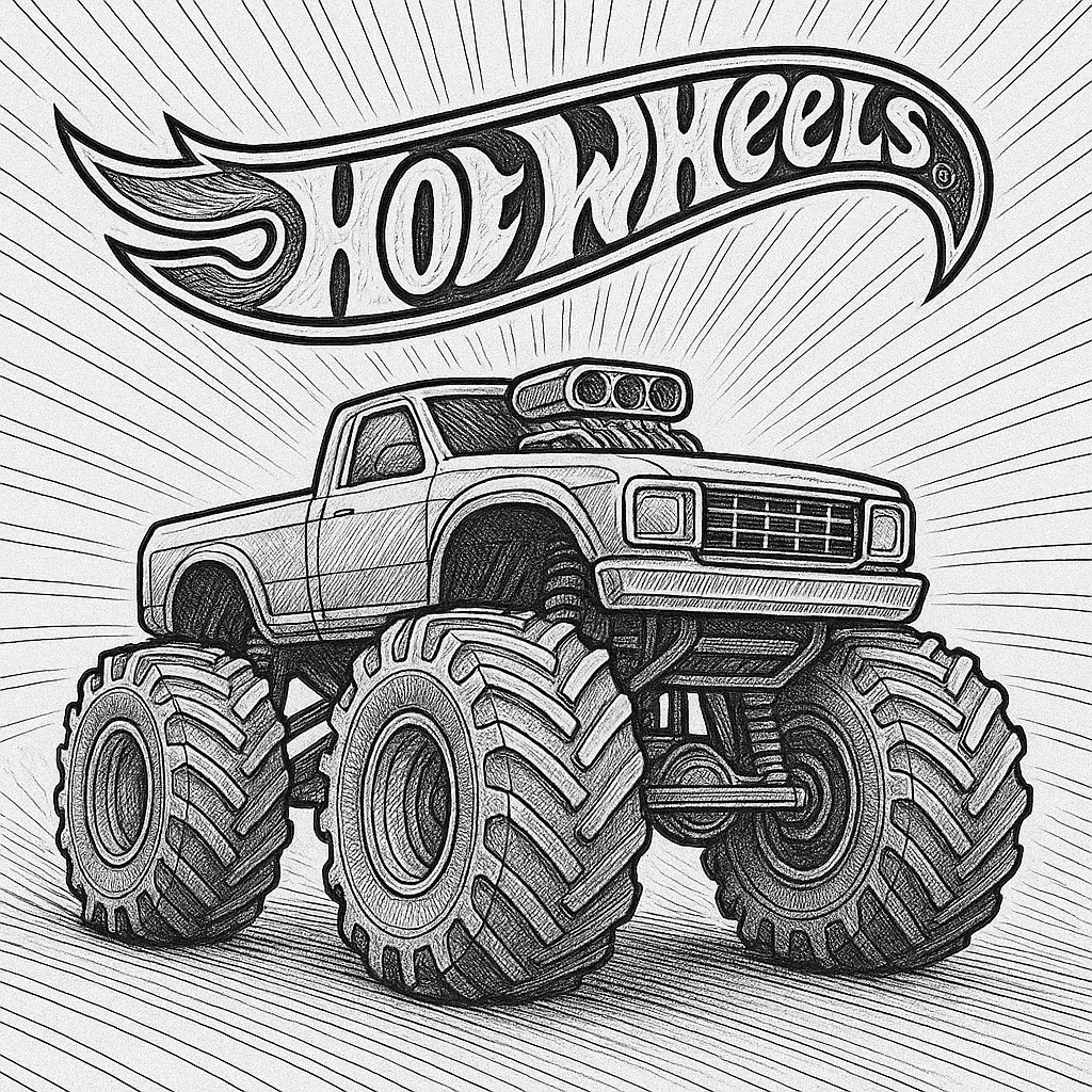 Kostenloses Hot Wheels Monster Truck Ausmalbild als PDF zum Ausdrucken. Ideal für Kinder, die coole Monster Trucks ausmalen möchten.