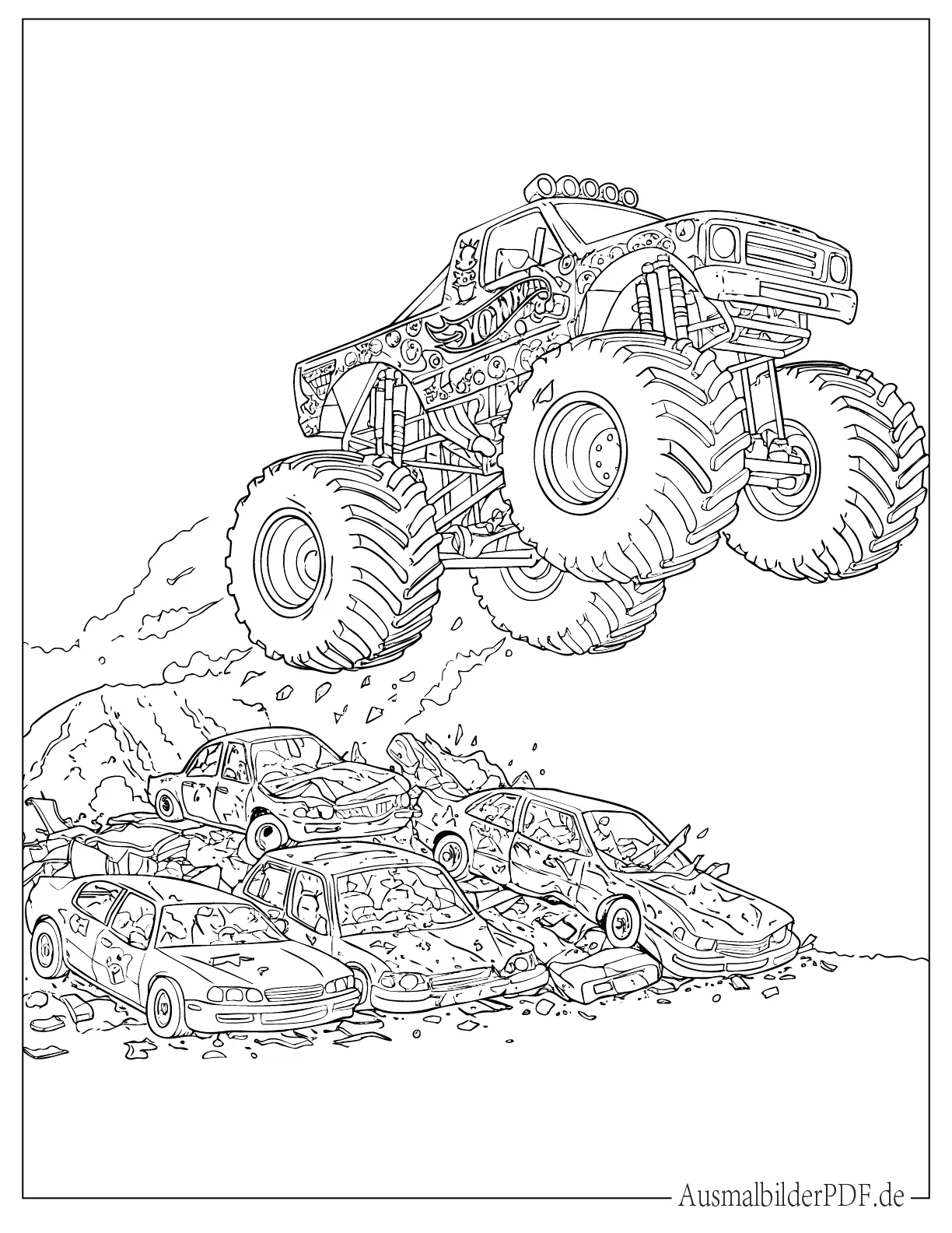 Malvorlage Hot Wheels Monstertruck springt über zerstörte Autos