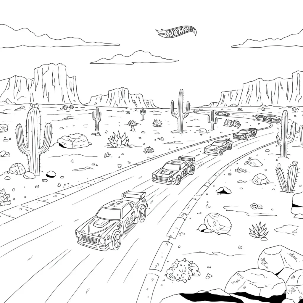 Hot Wheels Autos rasen durch die Wüste – Ausmalbild für Kinder