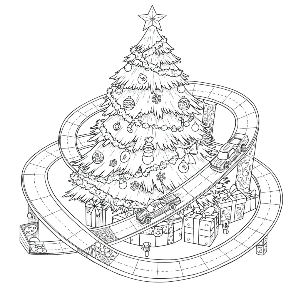 Hot Wheels Autos fahren auf einer Strecke, die um einen Weihnachtsbaum gewickelt ist – Ausmalbild