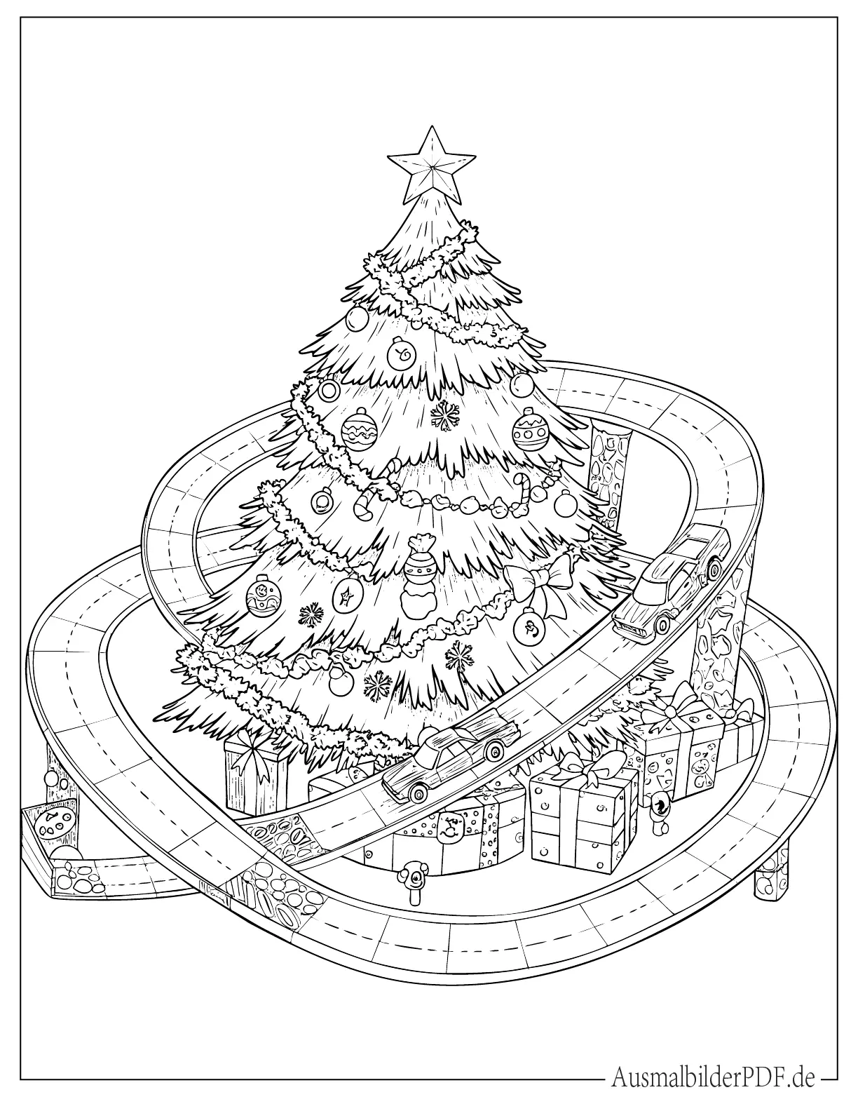 Hot Wheels auf einer Bahn um einen Weihnachtsbaum gewickelt Ausmalbild