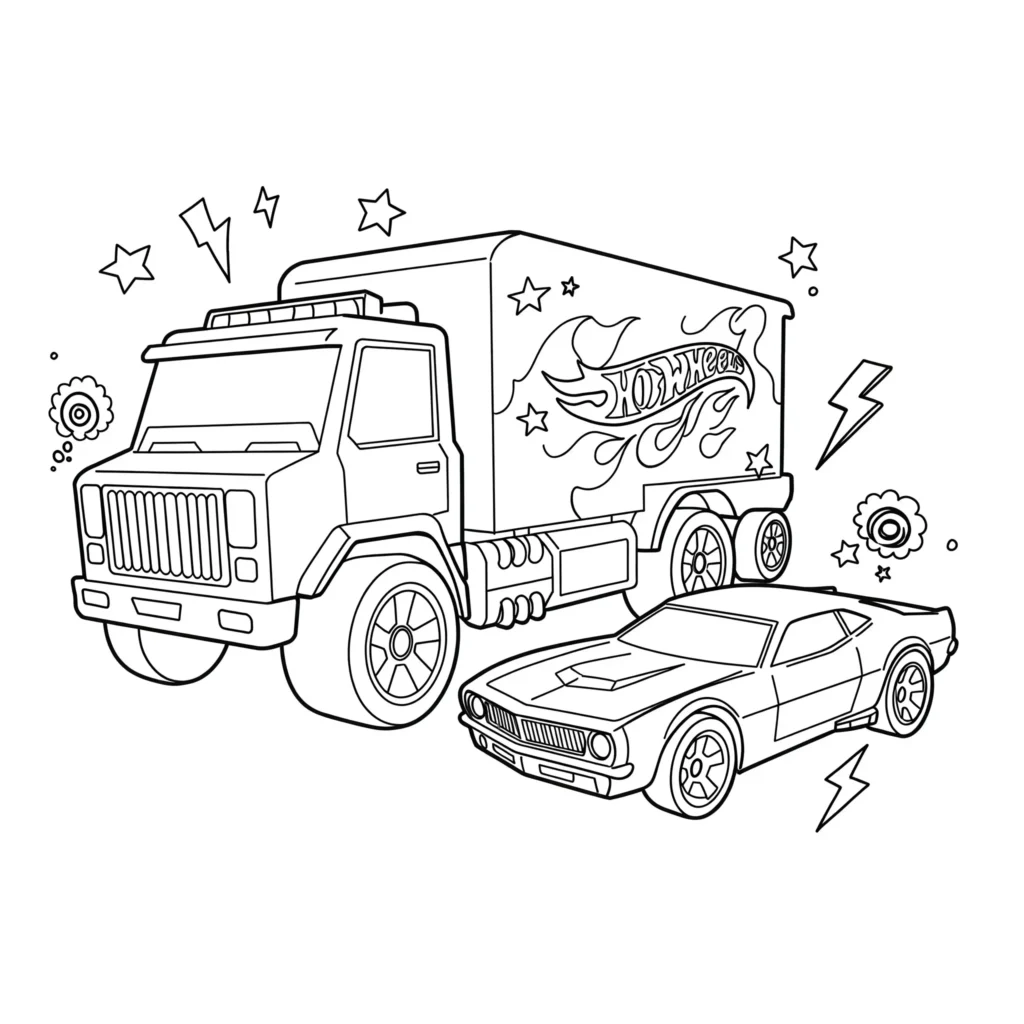 Kostenloses Hot Wheels Truck und Auto Ausmalbild als PDF zum Ausdrucken. Ideal für Kinder, die verschiedene Hot Wheels Fahrzeuge ausmalen möchten.