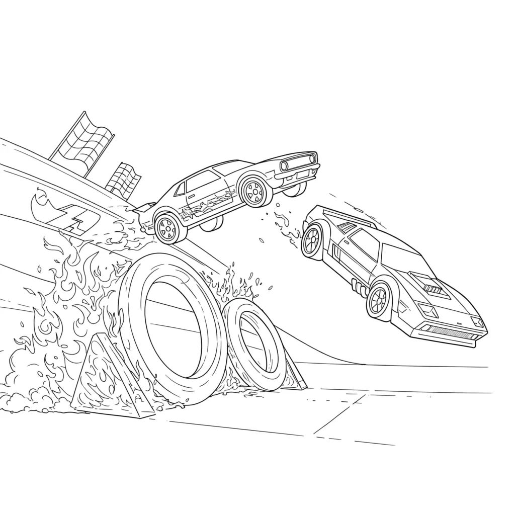 Zwei Hot Wheels Autos springen spektakulär durch brennende Feuerringe