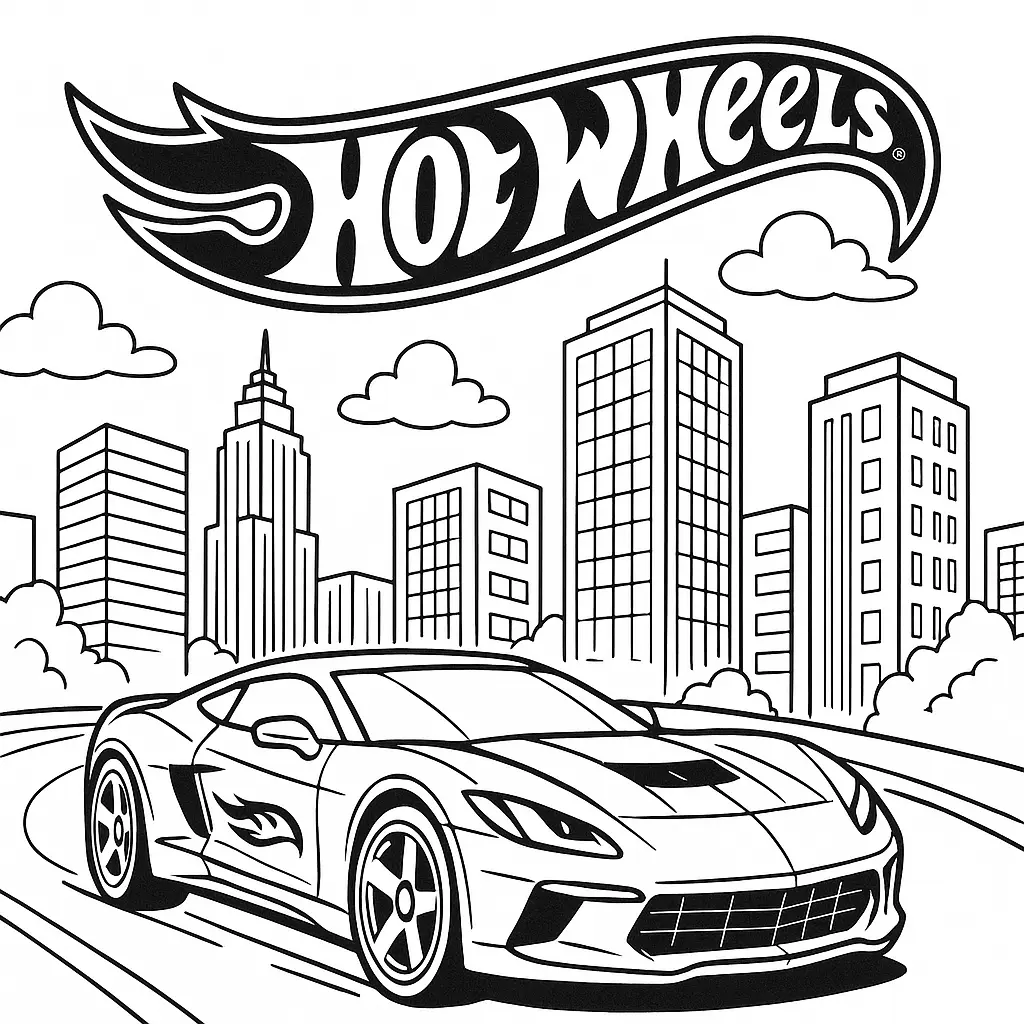 Kostenloses Hot Wheels in der Stadt Ausmalbild als PDF zum Ausdrucken. Perfekt für Kinder, die Hot Wheels Autos in Stadt Szenen ausmalen möchten.
