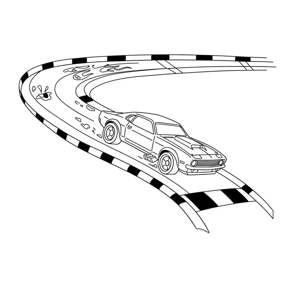Klassisches Hot Wheels Muscle Car Ausmalbild fährt schnell auf einer Rennstrecke