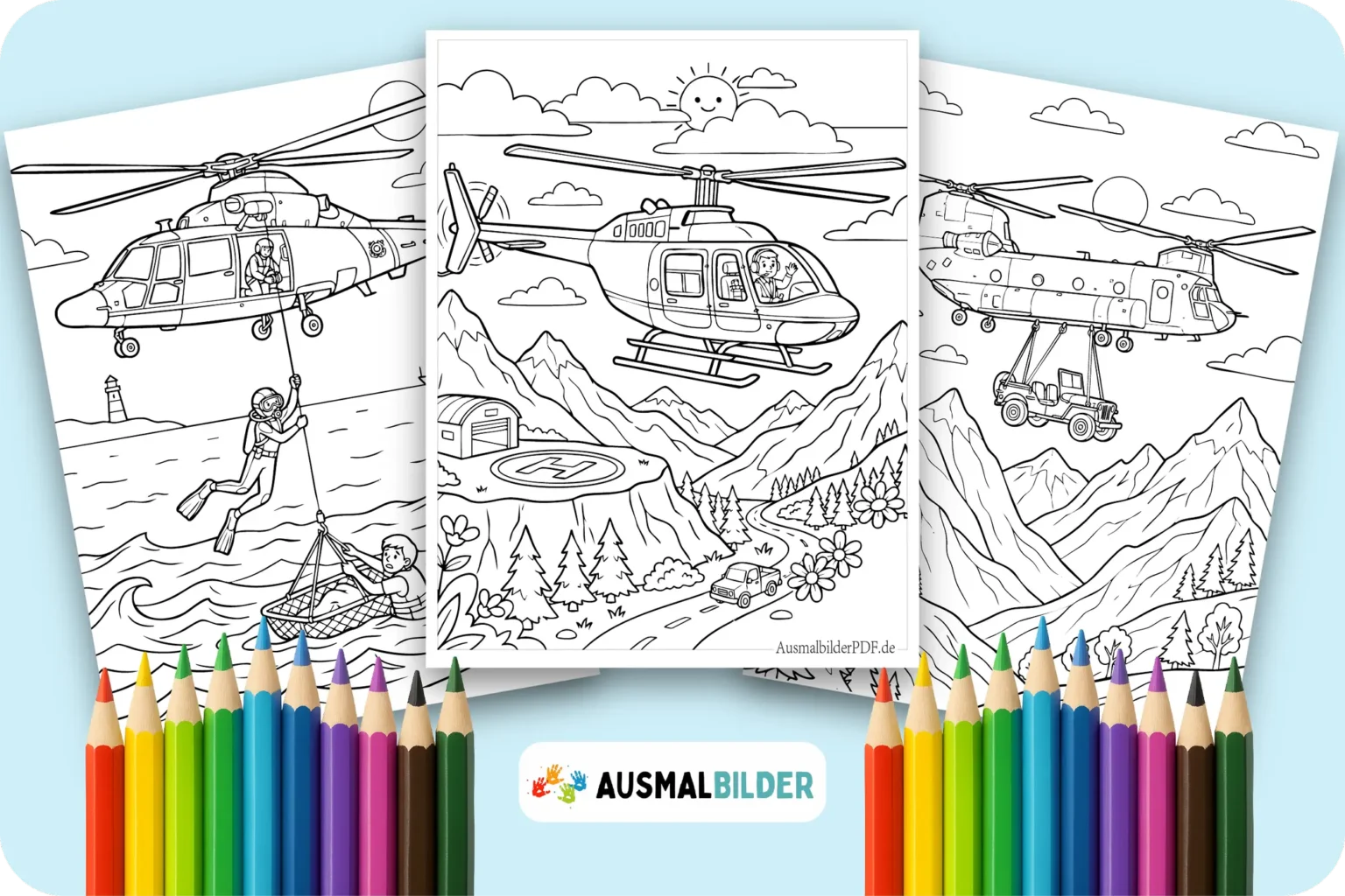 Kostenlos Hubschrauber Ausmalbilder zum Ausdrucken für Kinder jeden Alters
