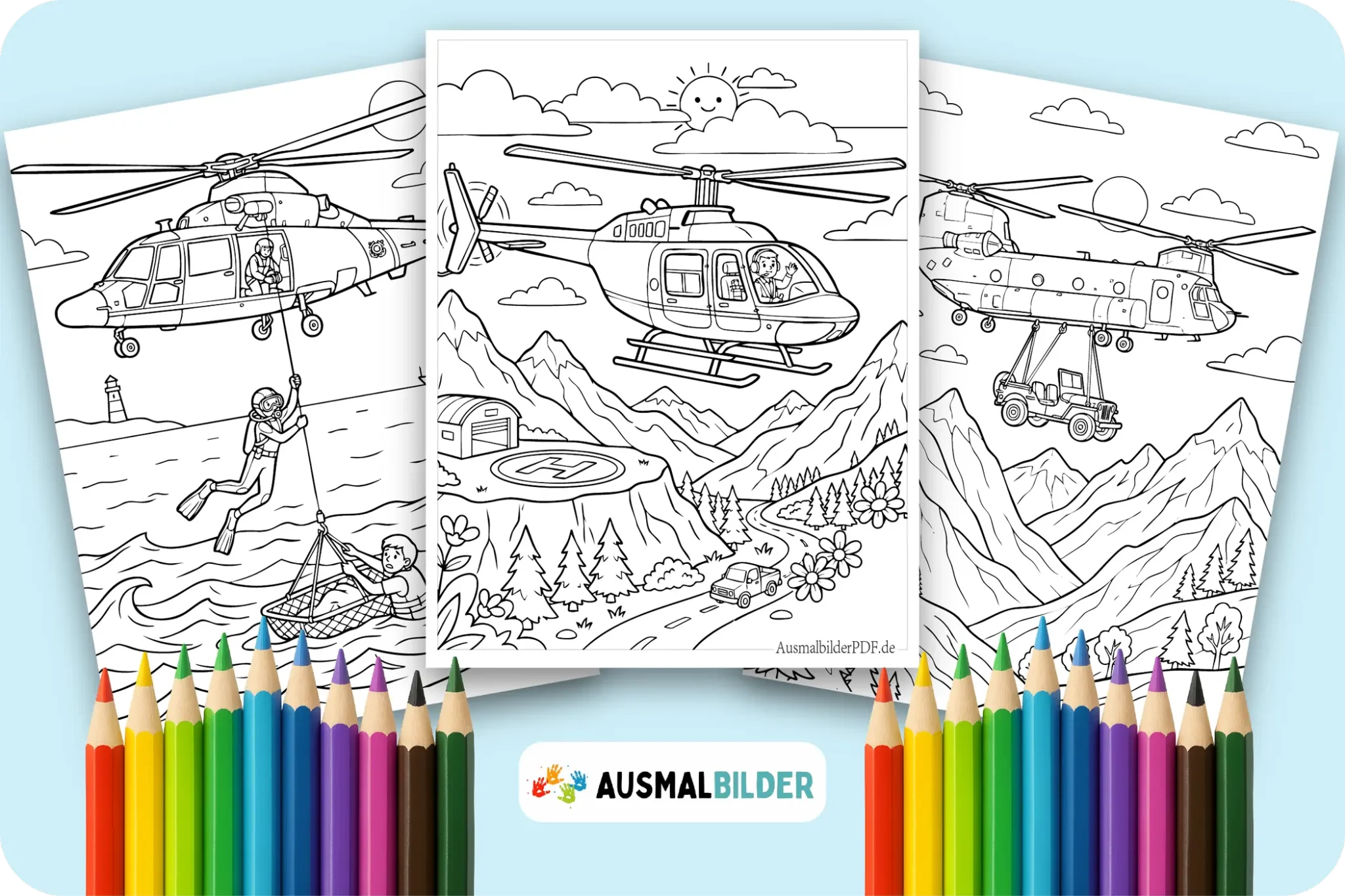 Kostenlos Hubschrauber Ausmalbilder zum Ausdrucken für Kinder jeden Alters
