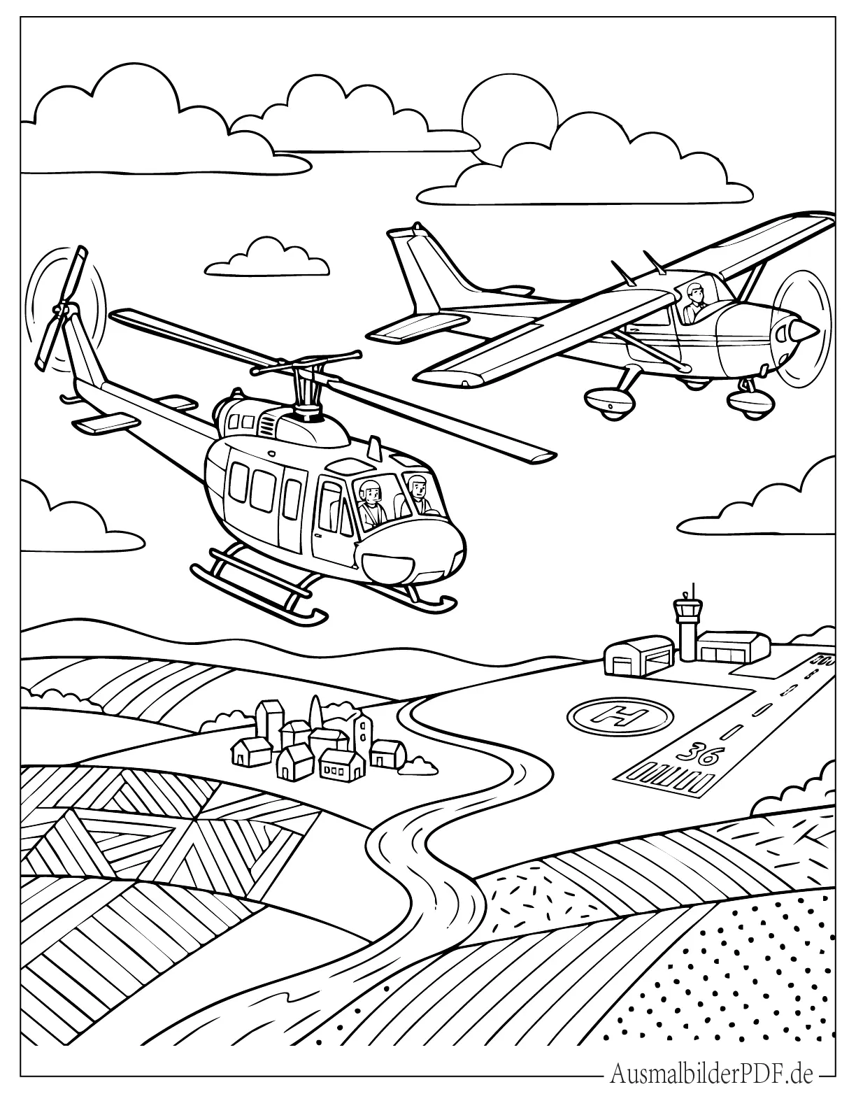 Hubschrauber fliegt neben einem Flugzeug Ausmalbild