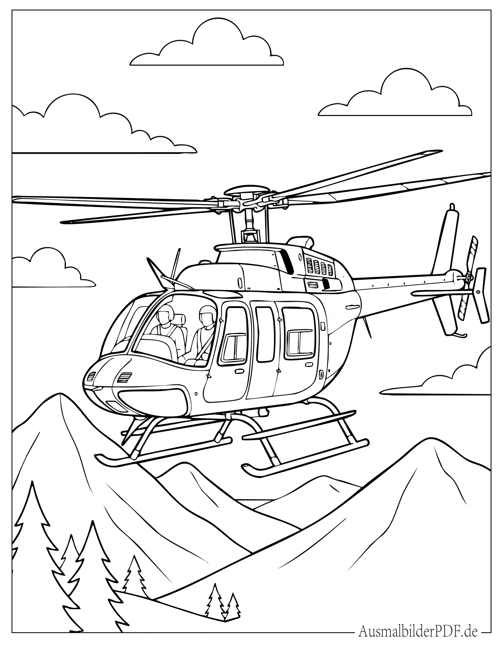 Hubschrauber fliegt über Berge Ausdruckbare Malvorlage